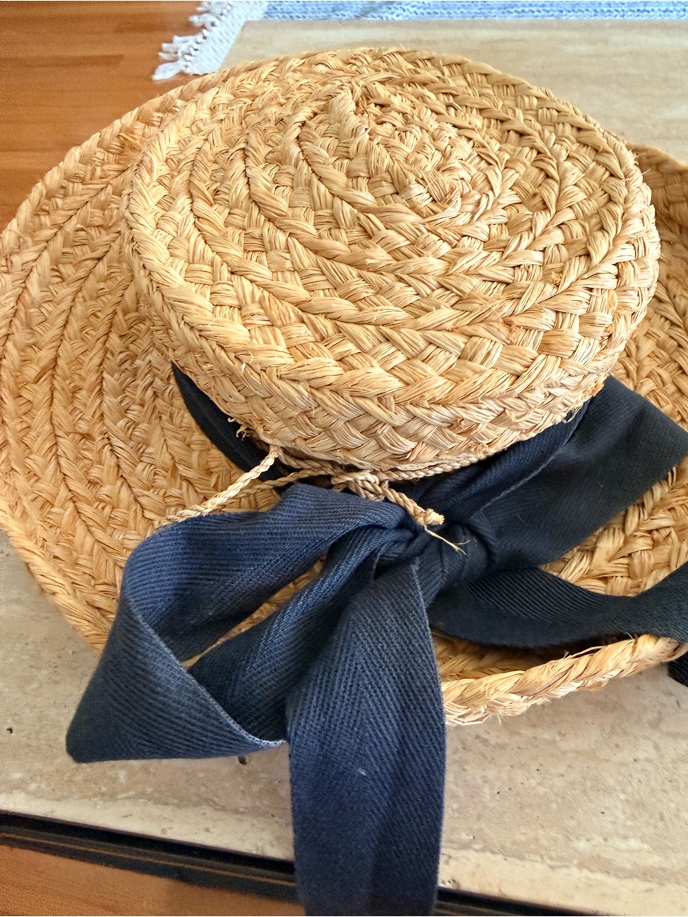 Helen Kaminski Natural Straw Hat with Navy Ribbon